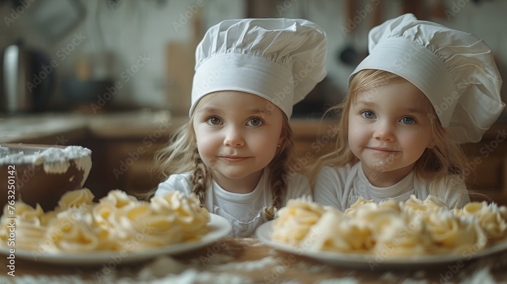 little girls chef wearing chef hat and uniform preparing cakes, Concept of junior baking little girls chef wearing chef hat and uniform preparing cakes, Concept of junior baking