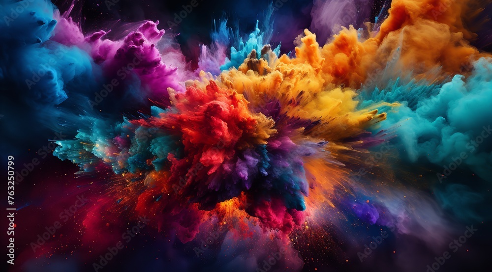 Happy Holi: Colorful Powder Explosion in the Air with Vibrant Background Happy Holi: Colorful Powder Explosion in the Air with Vibrant Background