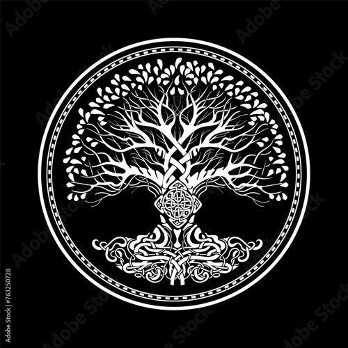 Yggdrasil tree of life Celtic sacred symbol. Celtic astronomy is a magical symbol of rebirth, positive energy and balance in nature. Vector tattoo, logo, print.