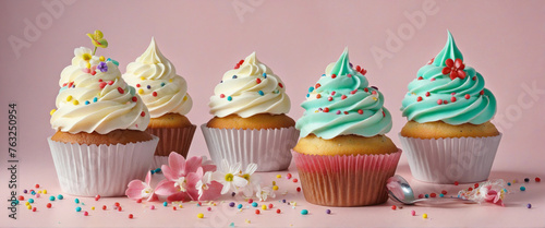 Set of realistic cupcakes decorated with sprinkles, cream, flowers, and icing isolated on transparent background