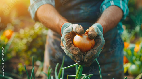 farmer harvests onions close-up photo