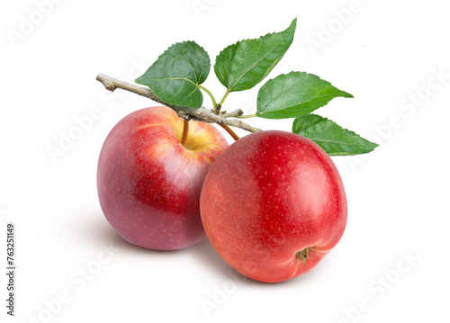 Two red apples with green leaf isolated on white background.