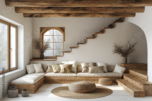 Interior design of a modern country house. Seating area with sofa under wooden stairs