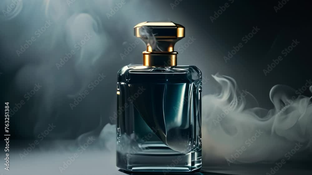 Video animation of captivating perfume bottle surrounded by an enigmatic swirl of smoke. The dark background adds to the mystique, emphasizing the elegance and allure of the fragrance Video animation of captivating perfume bottle surrounded by an enigmatic swirl of smoke. The dark background adds to the mystique, emphasizing the elegance and allure of the fragrance