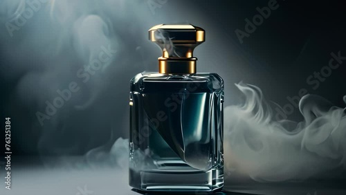 Video animation of  captivating perfume bottle surrounded by an enigmatic swirl of smoke. The dark background adds to the mystique, emphasizing the elegance and allure of the fragrance photo