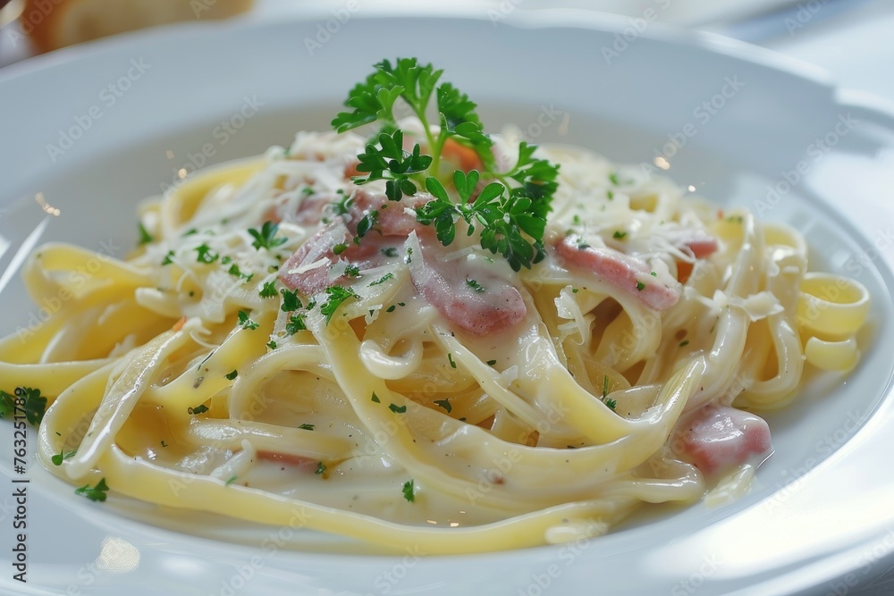 Carbonara pasta on a pristine white plate, with a sprig of fresh parsley as garnish Carbonara pasta on a pristine white plate, with a sprig of fresh parsley as garnish