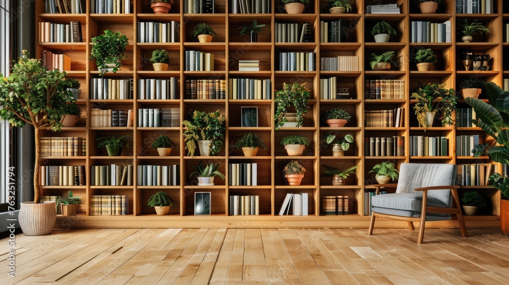 Modern wooden bookshelf with plants in interior