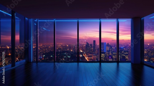 An empty room in a skyscraper and a view of the night city. Beautiful expensive property with a view.