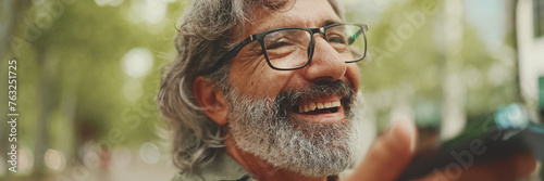 Clouse-up, Panorama of smiling middle-aged man with gray hair and beard sits on bench and uses mobile phone. Mature gentleman in eyeglasses recording voice recognition message on speakerphone