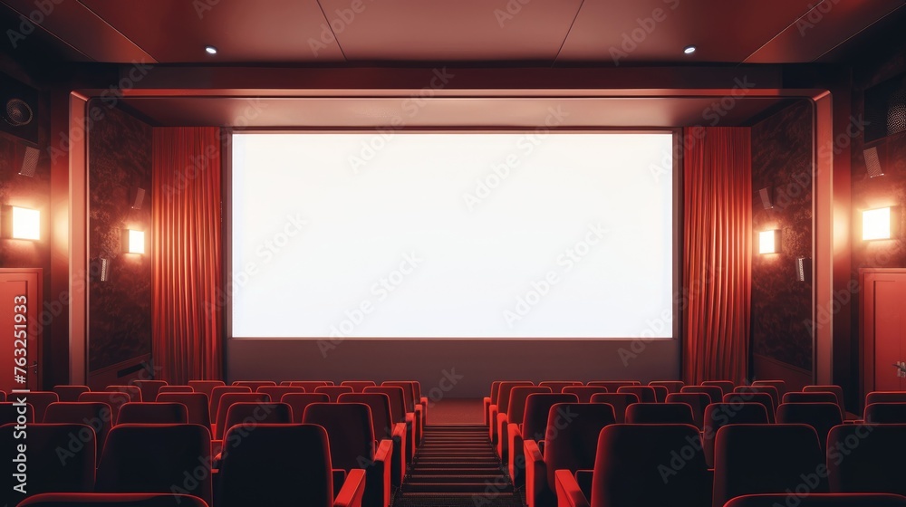 Fototapeta premium Empty cinema interior with red seats and white screen