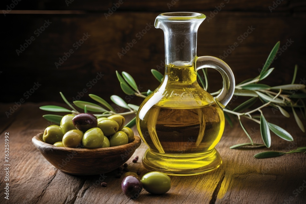 Glass jug with olive oil on wooden table and olives. Glass jug with olive oil on wooden table and olives.