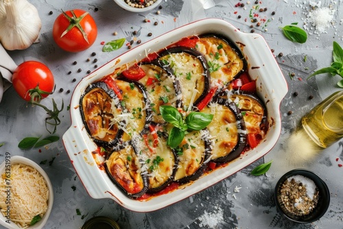 Eggplant casserole with cheese and tomato sauce in a white baking dish on a gray background with ingredients for cooking. Vegetarian healthy food