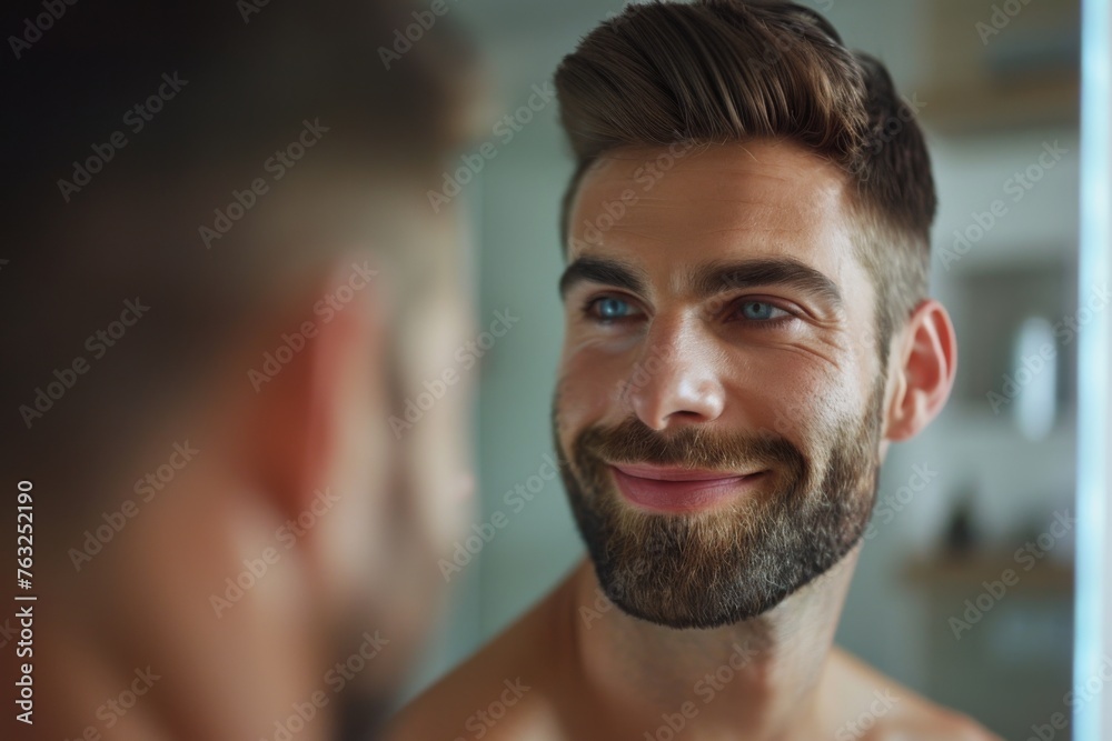Attractive man with a happy expression admiring his reflection in a mirror Attractive man with a happy expression admiring his reflection in a mirror