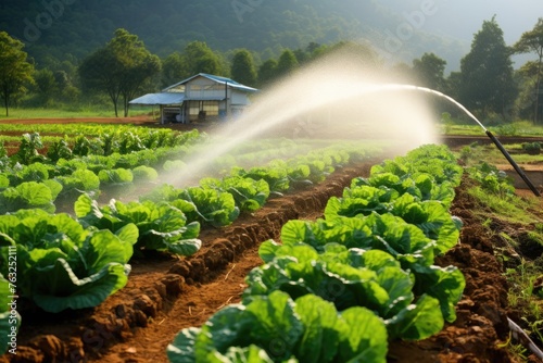 Irrigation systems in a green vegetable garden