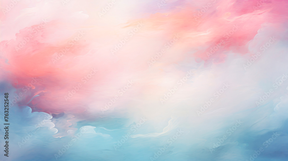 Fototapeta premium The sky displays a blend of blue, pink, and white hues with billowy clouds scattered across. The colors mix harmoniously, creating a serene backdrop for celestial beauty. Banner. Copy space