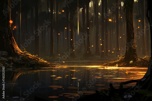 Mystical night forest with a lake and flying luminous creations  concept