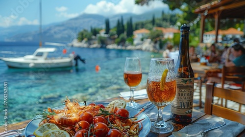 seafood in taverna with view sea photo