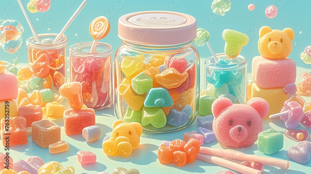 3D rendered hyper-realistic image of a variety of colorful sweets and candies 3D rendered hyper-realistic image of a variety of colorful sweets and candies