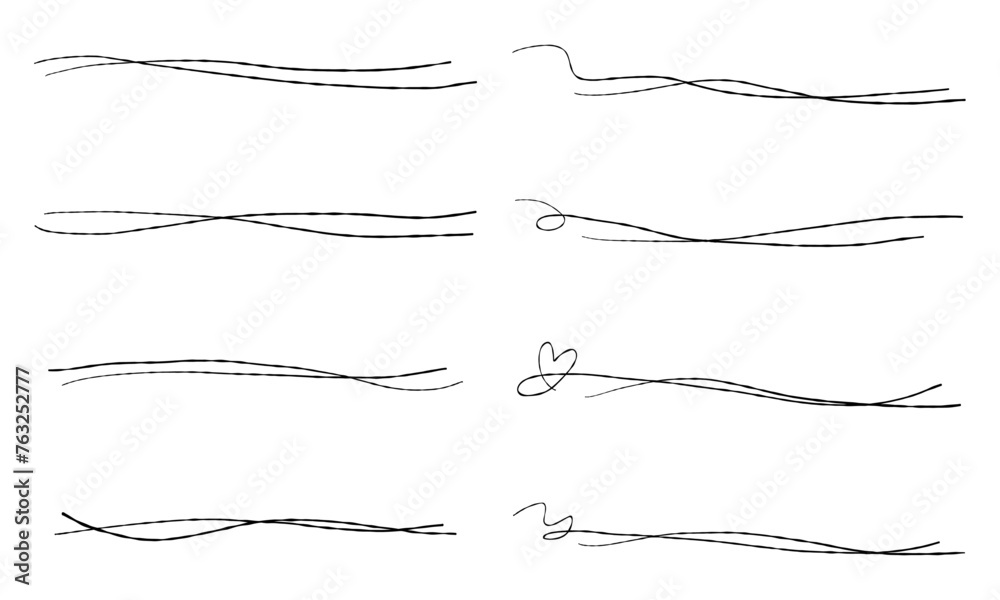 手書きのシンプルな飾り線、テキストの仕切り線セット 、ゆるやかな曲線 手書きのシンプルな飾り線、テキストの仕切り線セット 、ゆるやかな曲線