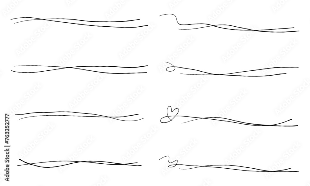 手書きのシンプルな飾り線、テキストの仕切り線セット	、ゆるやかな曲線