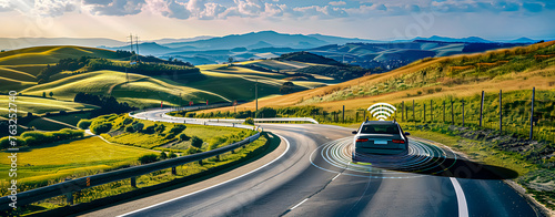 A car driving on a secondary road with the sensors activated. Artificial intelligence. Autonomous driving.