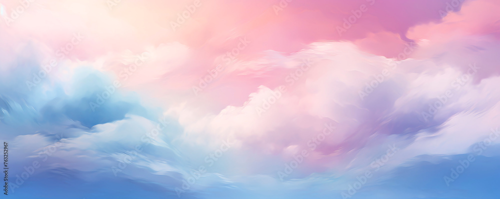 A painting depicting a sky filled with fluffy clouds of various shapes and sizes. The clouds are beautifully illuminated by the sun, creating shadows and depth in the sky. Banner. Copy space