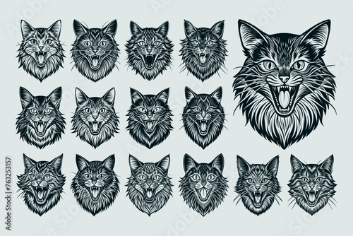 Flat detailed engraving meowing siberian cat head design vector set