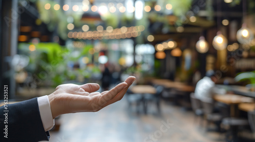 Businessman On An Open Palm. Blurred cafe background. Empty space where you can put your object or text photo