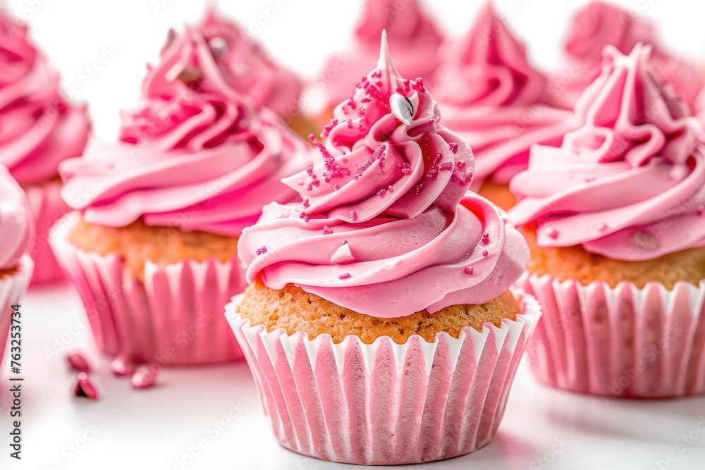Delicious Pink Cupcakes on a White Background with Textured Edible Pastry. The Perfect Tasty Treat to Satisfy Your Sweet Cravings