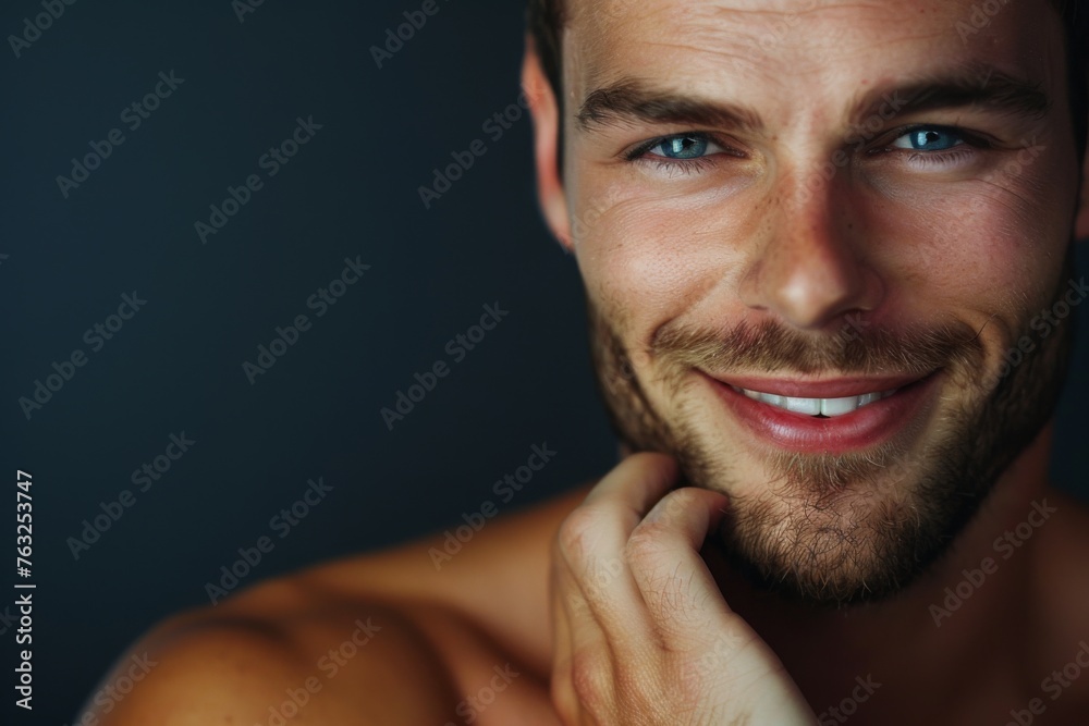 handsome man with a joyful expression, fingers delicately tracing his skin. 