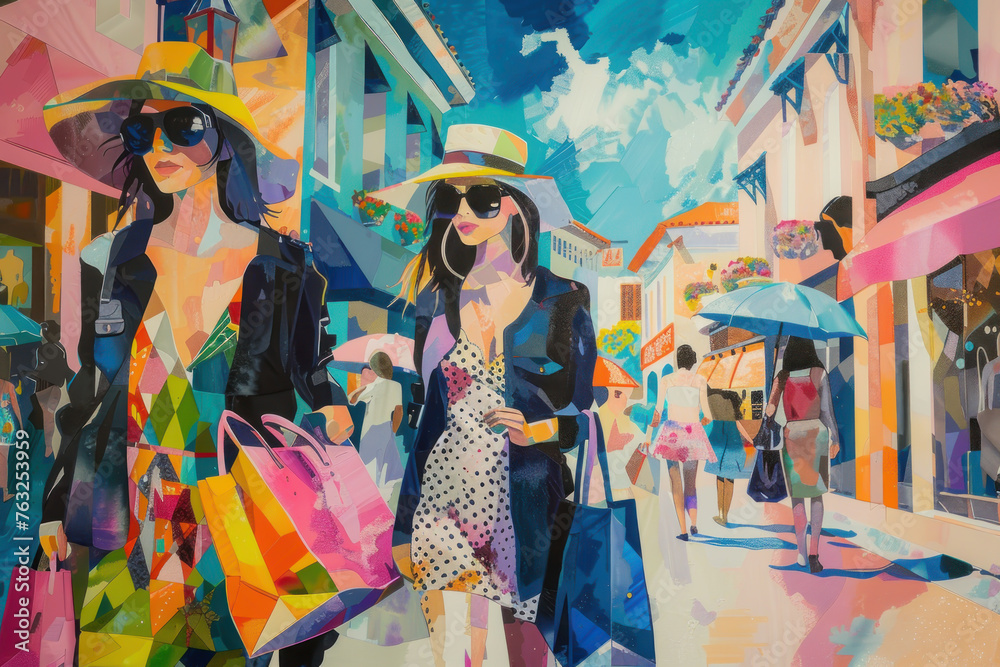 Naklejka premium Drawing woman shopping at street shopping mall abstract background. Generative ai.