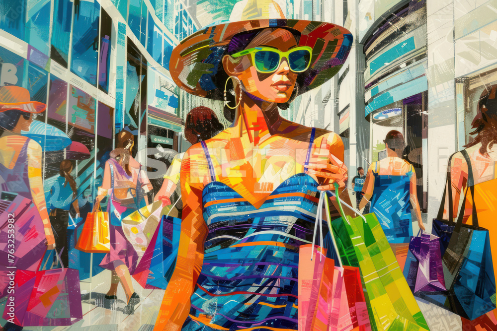 Obraz premium Drawing woman shopping at street shopping mall abstract background. Generative ai.