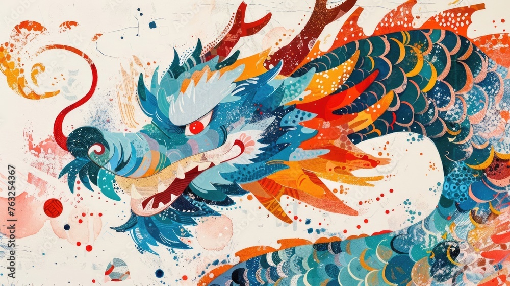 Cool poster with colorful Chinese dragon. Symbol of new 2024 year. Holiday greeting postcard. Art illustration. Asian zodiac calendar. Beautiful creature. Traditional celebration. Festive post card.