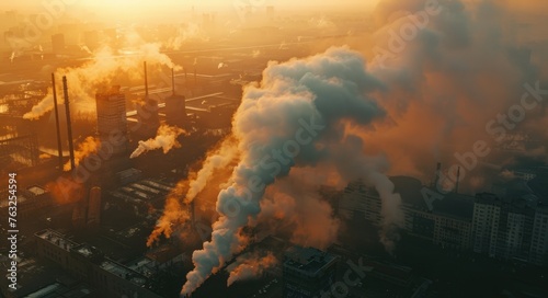 Heavy Emissions from Metallurgical Plant at Dawn. Aerial View Shows Fumes and Contamination, Bad Ecology in City Landscape. Editorial Image of Global Pollution Crisis