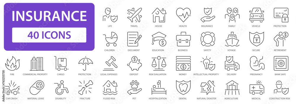 Insurance line icons collection. Assurance outline sign dig set. Simple vector icon.