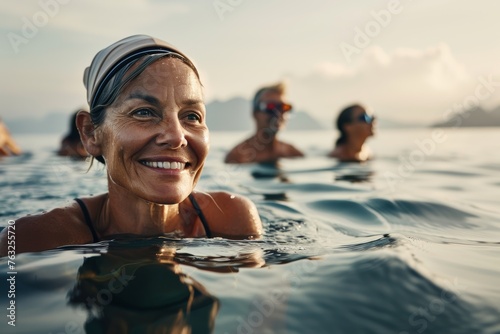 Senior woman swimming, enjoyment, fitness, healthy lifestyle, serene waters. © Iona
