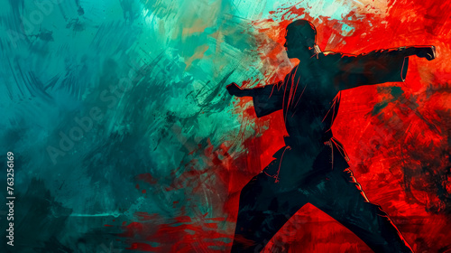 Dynamic martial artist silhouette on abstract background