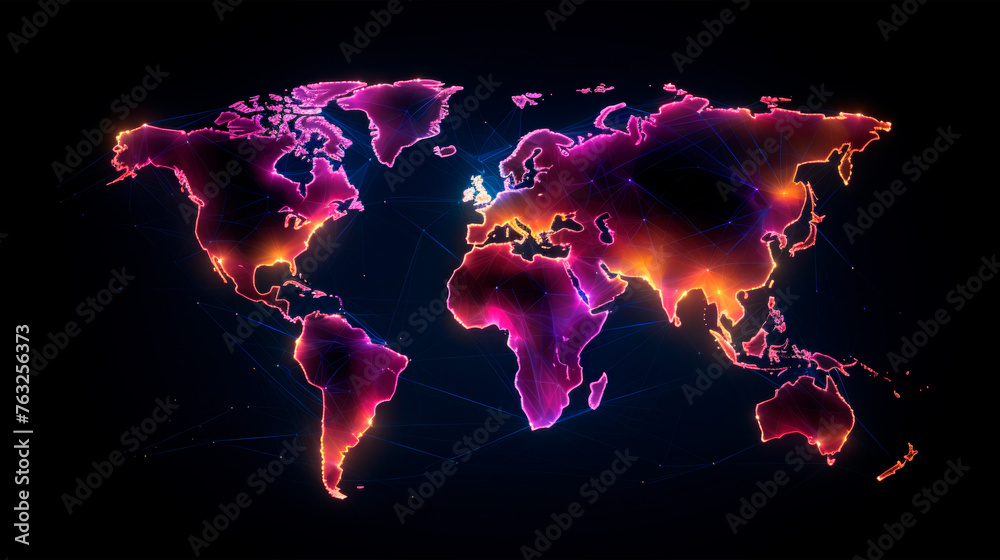 A detailed map of the world, illuminated by glowing lights in various colors. The lights highlight different regions and countries, creating a striking visual effect. Banner. Copy space