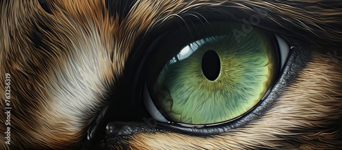 A closeup shot capturing the vibrant green iris of a cats eye, highlighted by long eyelashes and whiskers. The felidaes carnivore features are enhanced by the lens, resembling a piece of art