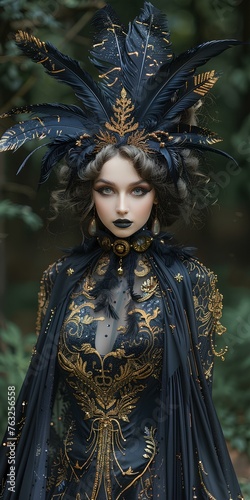 dark queen wearing black and gold dress. She has pale skin. The background is a dark forest. Wearing a feather cape outfit and black makeup, with a dark mood vibe. generative AI