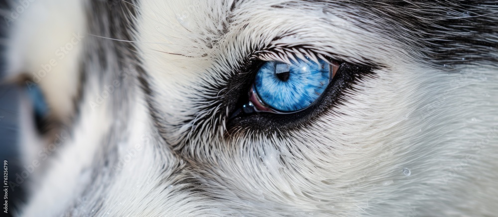 Closeup of a Siberian Huskys striking blue eye, surrounded by fluffy fur, whiskers, and a pointed ear. The carnivores eye is mesmerizing