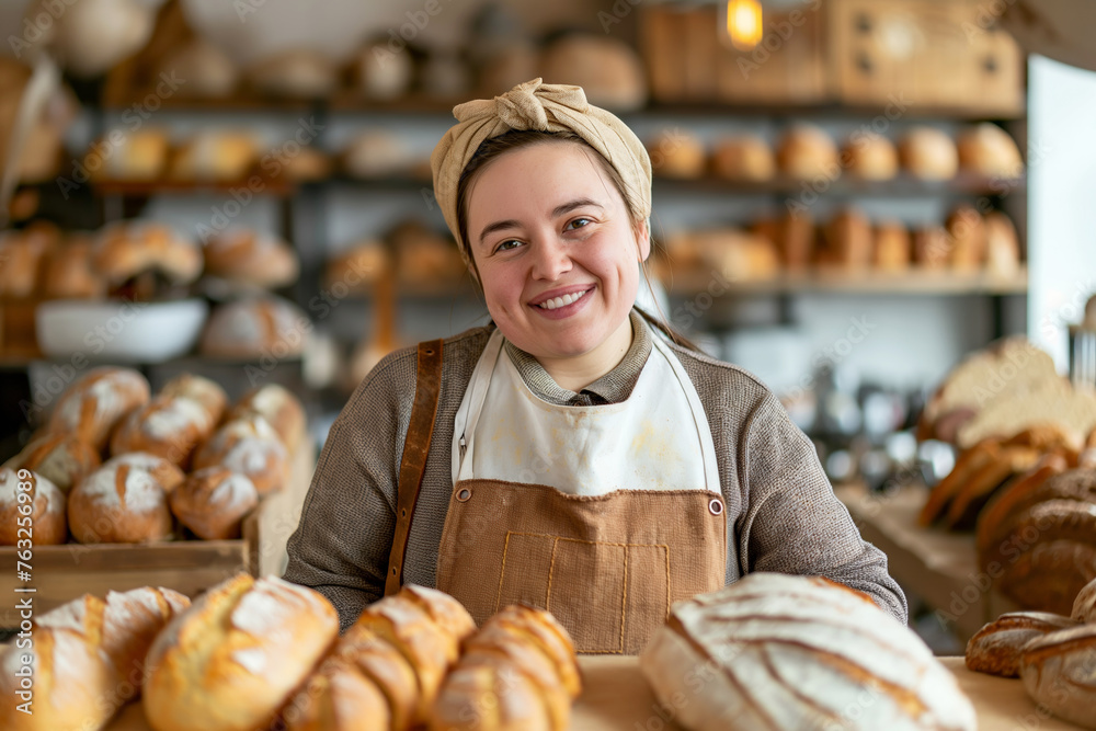 Female Artisan Baker Smiling in Front of Freshly Baked Bread Assortment Female Artisan Baker Smiling in Front of Freshly Baked Bread Assortment