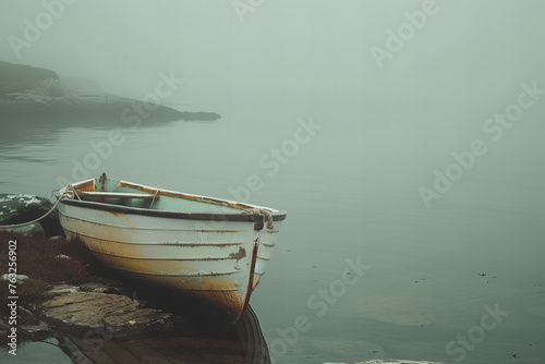 Solitary Boat Waiting on Misty Waters Edge - A Serene Banner