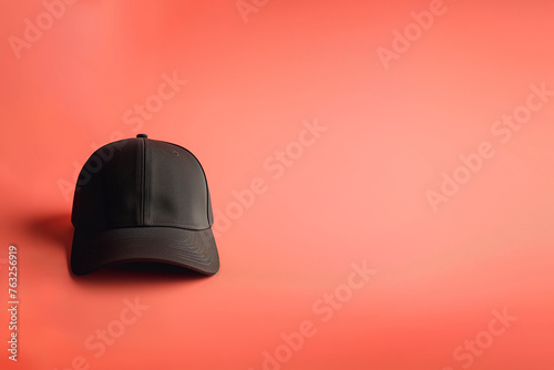 mock-up casquette de baseball noire sans aucune marque, ou logo ou en marque blanche sur un fond rose saumon vif avec espace négatif copy space. Baseball, basketball, mode sport américain,