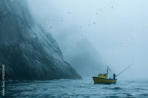 Solitary Fishing Boat by Misty Cliffs and Soaring Birds Banner © Алинка Пад
