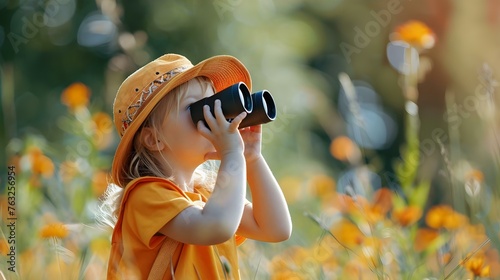 Exploring Nature with Family: Child Using Binoculars Outdoors on a Sunny Day. Concept Family Outing, Nature Exploration, Outdoor Activities, Child's Adventures, Sunny Day Scenes