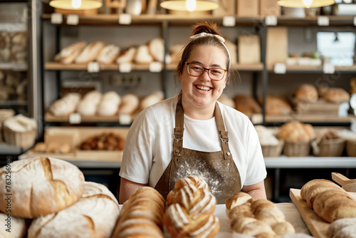Smiling Female Baker with Down Syndrome in Apron Standing Proud in Artisan Bakery