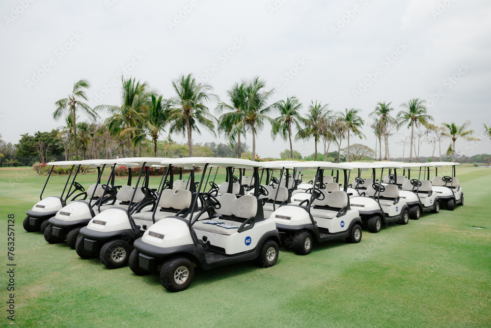 Many golf carts on the golf course are ready to serve golfers who come to organize tournaments.