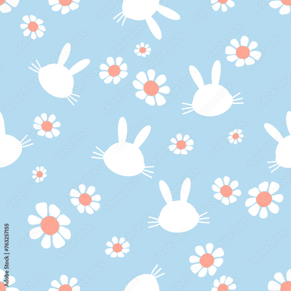Seamless pattern with bunny rabbit cartoons and daisy flower on blue background vector. Seamless pattern with bunny rabbit cartoons and daisy flower on blue background vector.