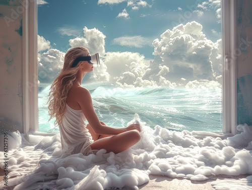 A young woman wearing virtual reality glasses sits in a room and relaxes by the sea. Metaverse, VR, gadgets, technology concept